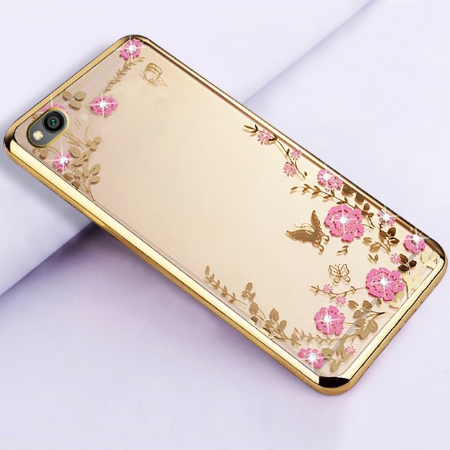 Zadní silikonový kryt na Xiaomi Redmi Go zlatý s růžovými květy   