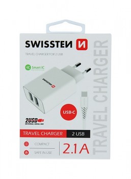 Nabíječka Swissten USB-C (Type-C) Dual Smart IC 2.1A bílá