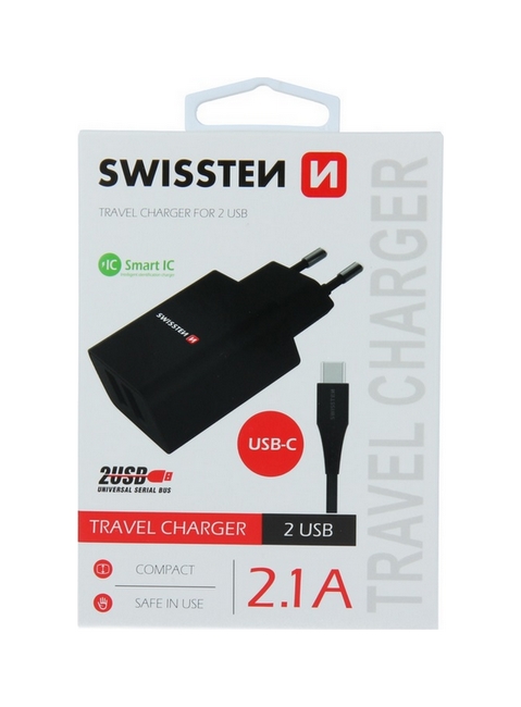 Nabíječka Swissten USB-C (Type-C) Dual Smart IC 2.1A černá 46699