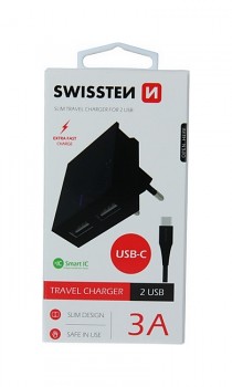 Nabíječka Swissten USB-C (Type-C) Dual Smart IC 3A černá