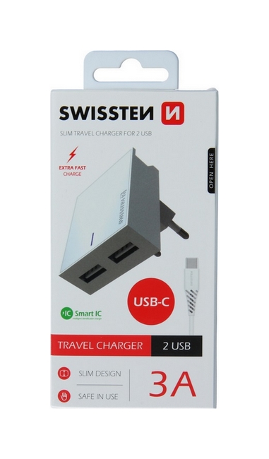 Levně Nabíječka Swissten USB-C (Type-C) Dual Smart IC 3A bílá 46701