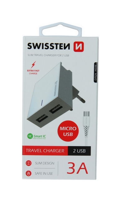 Nabíječka Swissten microUSB Dual Smart IC 3A bílá 46702