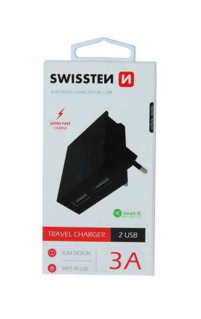 Levně Cestovní adaptér Swissten Dual Smart IC 3A černý 53764