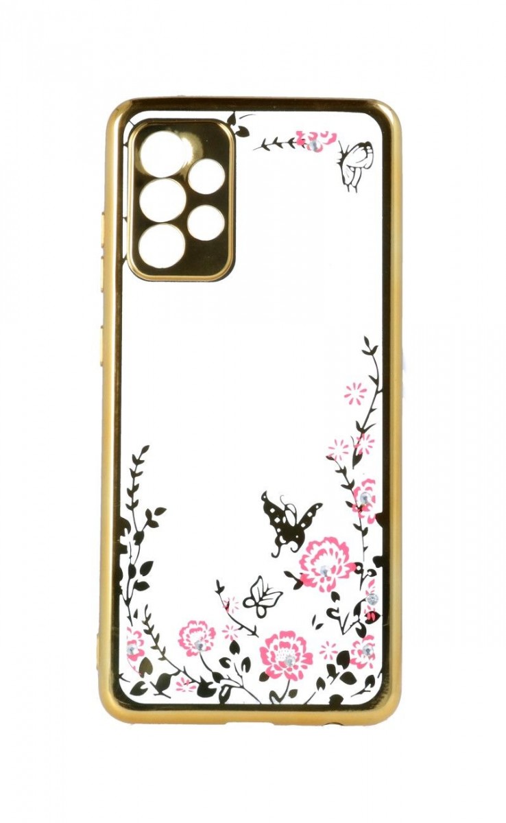 Zadní silikonový kryt na Samsung A72 zlatý s růžovými květy