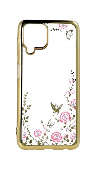 Zadní silikonový kryt na Samsung A22 zlatý s růžovými květy