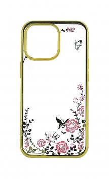 Zadní silikonový kryt na iPhone 13 Pro Max zlatý s růžovými květy