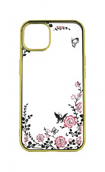 Zadní silikonový kryt na iPhone 13 mini zlatý s růžovými květy