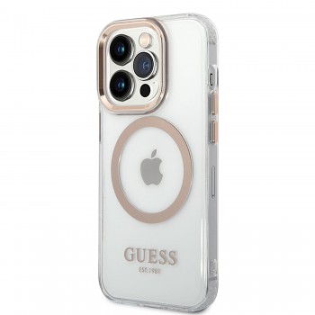 Guess Transparent MagSafe Kompatibilní Zadní Kryt pro iPhone 14 Pro Gold