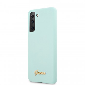 Guess Silicone Metal Logo Script Zadní Kryt pro Samsung Galaxy S21+ Light Blue