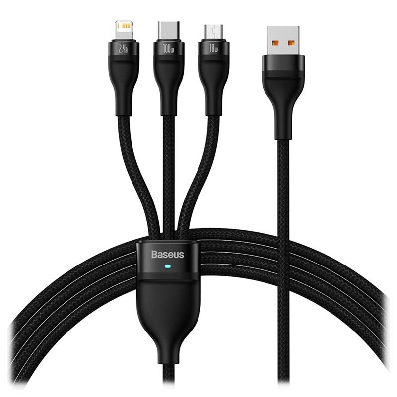 Levně Baseus CASS030001 Flash Series 3v1 Kabel USB-A na USB-C, Lightning, MicroUSB 100W 1.2m Black