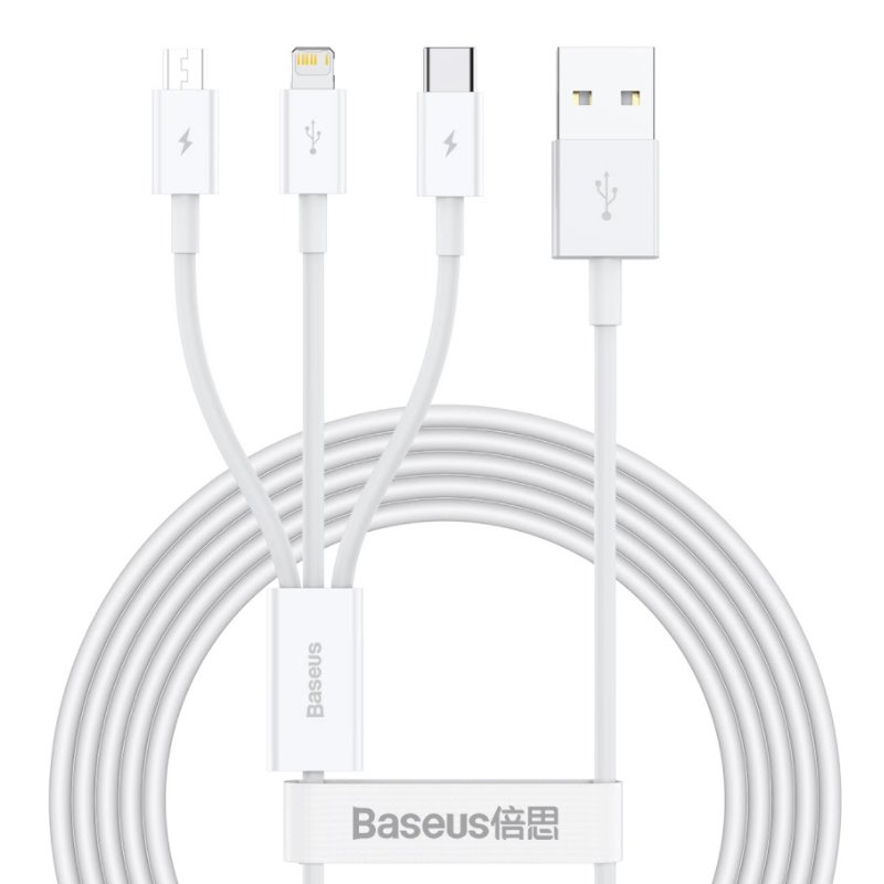 Levně Baseus CAMLTYS-02 Superior Fast Charging Datový Kabel 3v1 USB-C, Lightning, MicroUSB 1.5m White