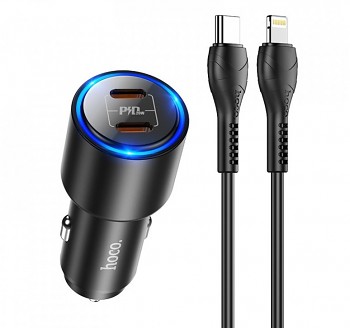 HOCO Car Charger 2x Type C Clear Way PD 40W QC + Lightning Black