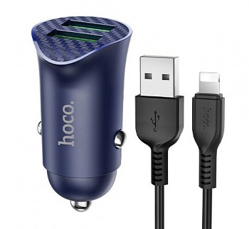 HOCO Car Charger 2 x USB QC 3.0 18W + Lightning Cable Farsighted Blue