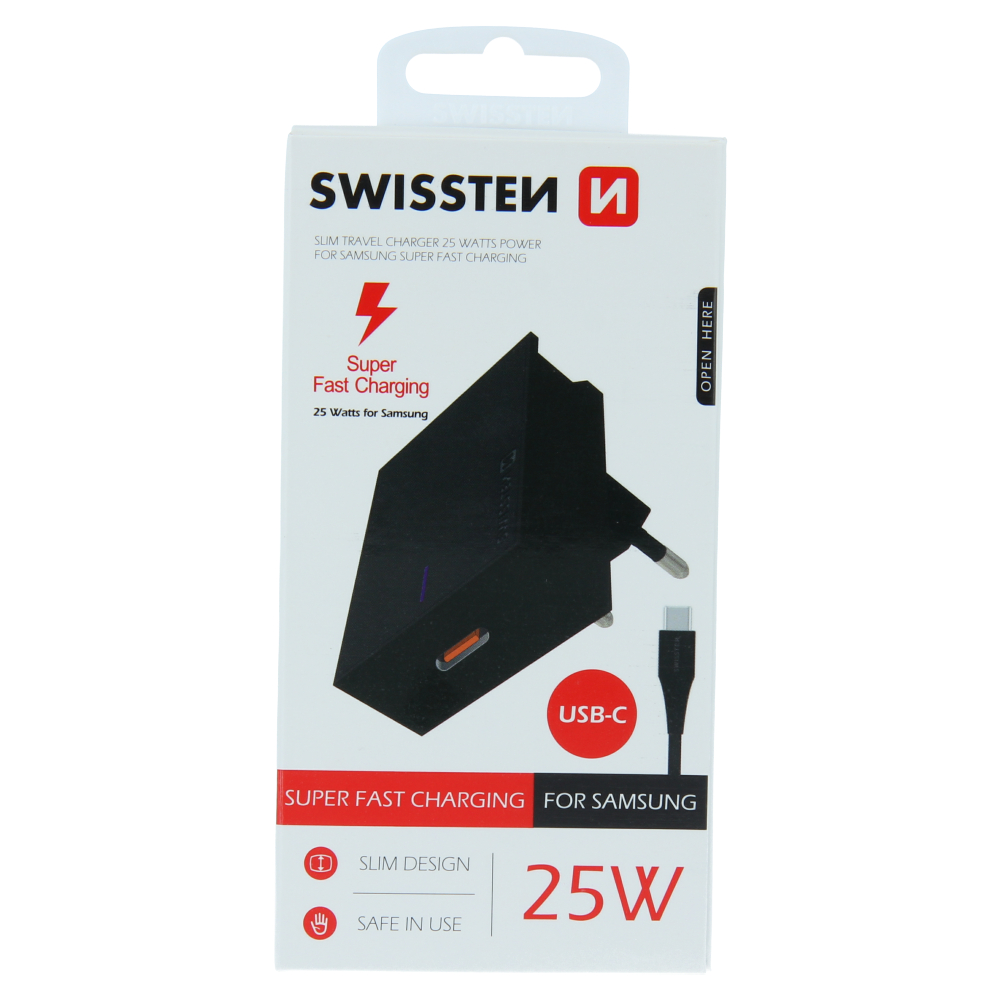 Swissten síťový adaptér pro samsung super fast charging 25w + datový kabel usb-c/usb-c 1,2 m černý