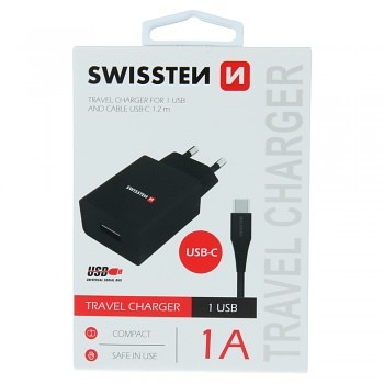 Swissten síťový adaptér smart ic 1x usb 1a power + datový kabel usb / type c 1,2 m černý