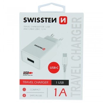 Swissten síťový adaptér smart ic 1x usb 1a power + datový kabel usb / type c 1,2 m bílý