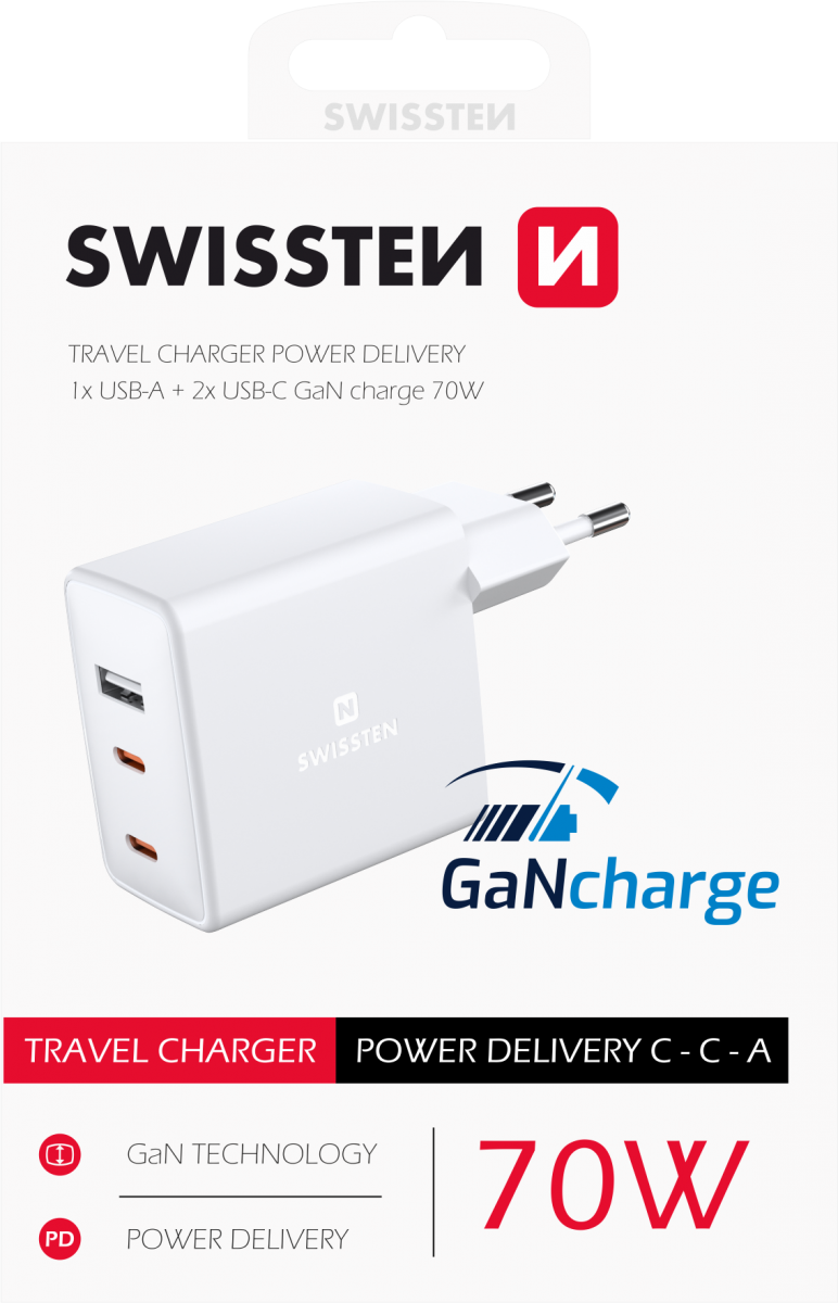 Levně Swissten síťový adaptér gan 2x usb-c + 1xusb 70w