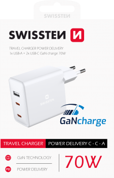 Swissten síťový adaptér gan 2x usb-c + 1xusb 70w