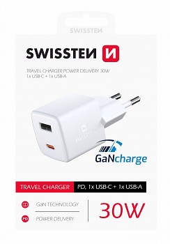 Swissten mini síťový adaptér gan 1x usb-c + 1xusb 30w power delivery