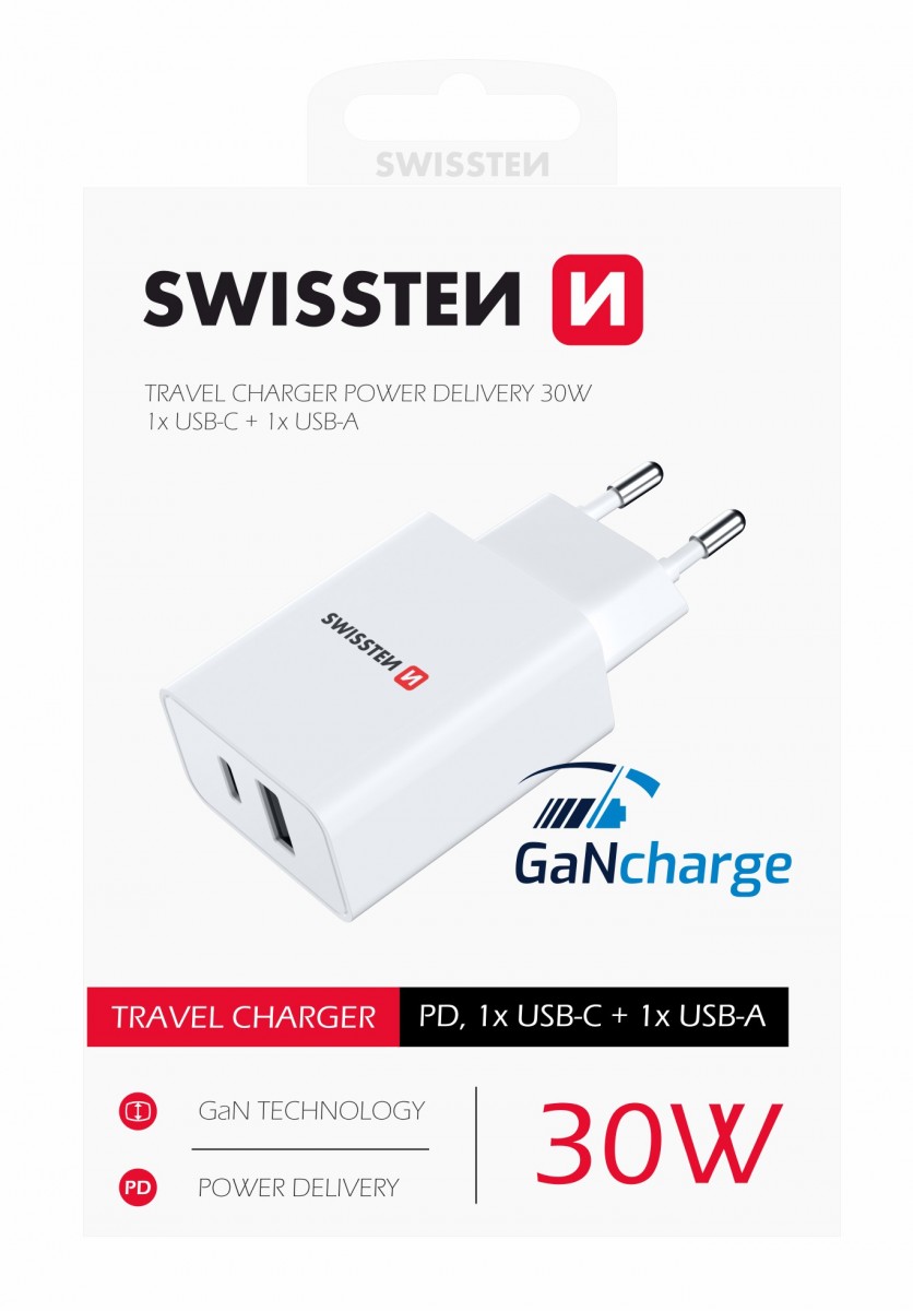 Levně Swissten síťový adaptér power delivery 30w 1x usb-c + 1x usb bílý