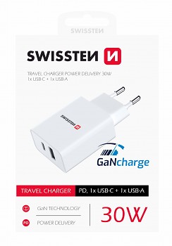 Swissten síťový adaptér power delivery 30w 1x usb-c + 1x usb bílý