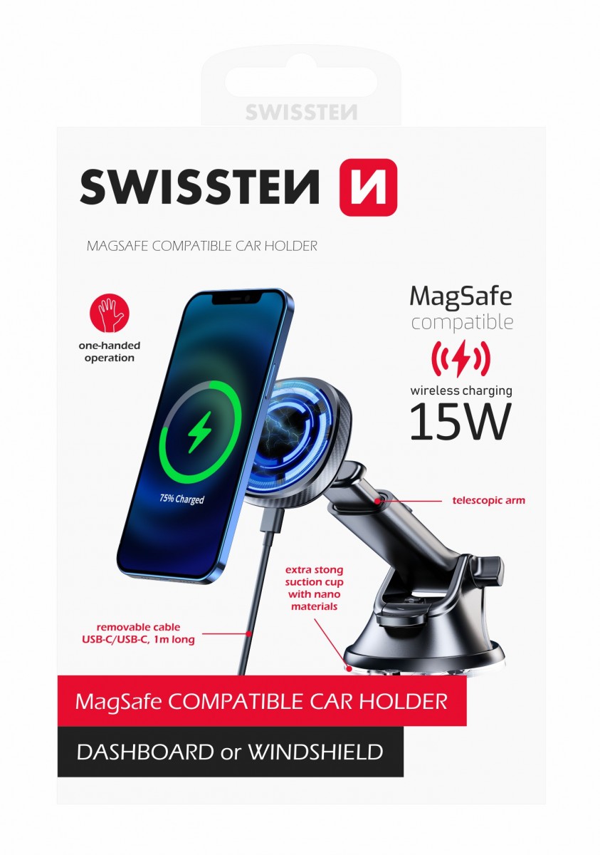 Levně Magnetický držák do auta swissten s bezdrátovým nabíjením 15w dashboard (magsafe compatible)