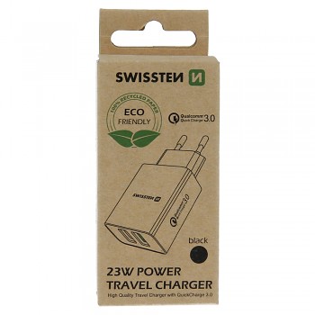 Adaptér Swissten 2x USB QC 3.0 + USB, 23W černý (eco balení)