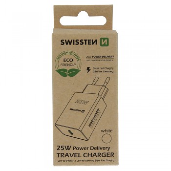 Swissten síťový adaptér pd 25w pro iphone a samsung bílý (eco balení) 