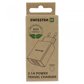 Swissten síťový adaptér smart ic 2x usb 2,1a power bílý (eco balení)