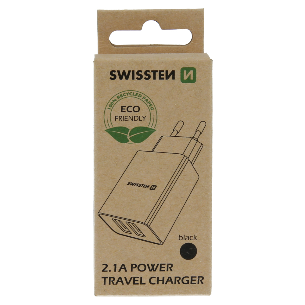 Levně Swissten síťový adaptér smart ic 2x usb 2,1a power černý (eco balení)