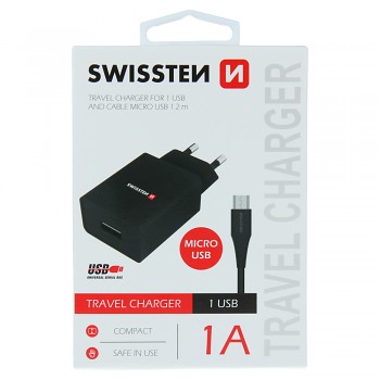 Swissten síťový adaptér smart ic 1x usb 1a power + datový kabel usb / micro usb 1,2 m černý