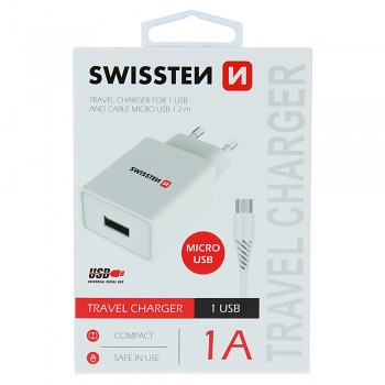 Swissten síťový adaptér smart ic 1x usb 1a power + datový kabel usb / micro usb 1,2 m bílý