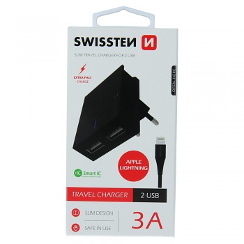 Swissten síťový adaptér smart ic 2x usb 3a power + datový kabel usb / lightning 1,2 m černý