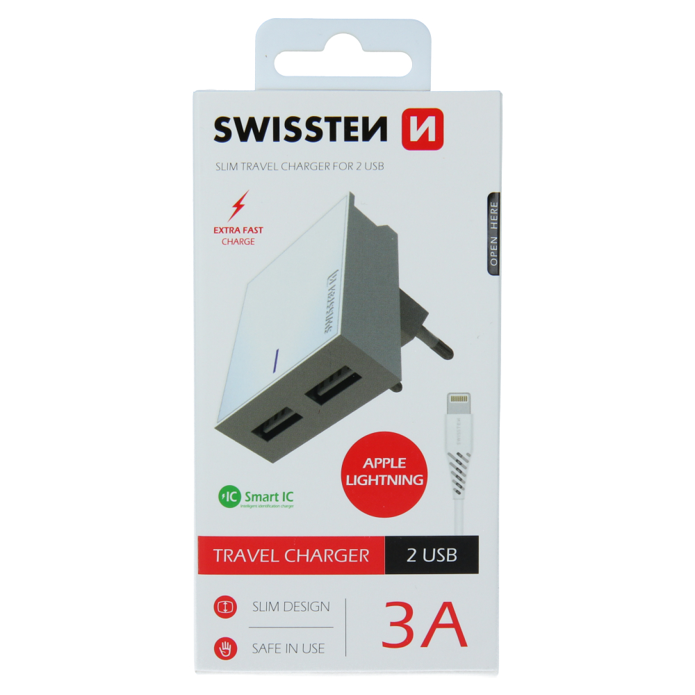 Levně Swissten síťový adaptér smart ic 2x usb 3a power + datový kabel usb / lightning 1,2 m bílý