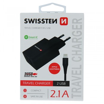 Swissten síťový adaptér smart ic 2x usb 2,1a power + datový kabel usb / lightning 1,2 m černý