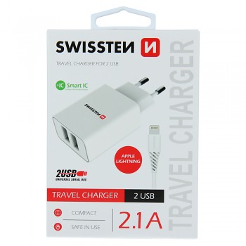 Swissten síťový adaptér smart ic 2x usb 2,1a power + datový kabel usb / lightning 1,2 m bílý