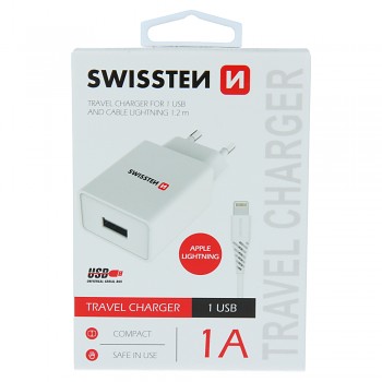 Swissten síťový adaptér smart ic 1x usb 1a power + datový kabel usb / lightning 1,2 m bílý