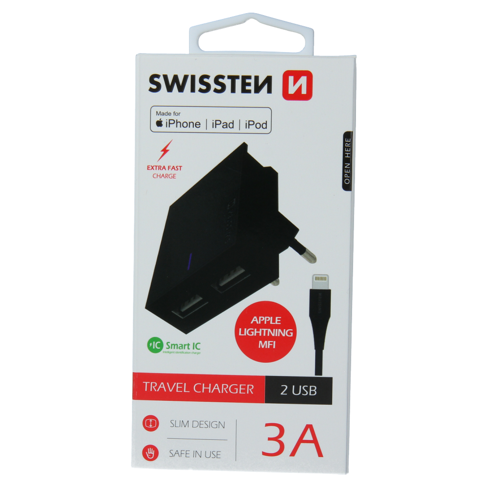 Levně Swissten síťový adaptér smart ic 2x usb 3a power + datový kabel usb / lightning mfi 1,2 m černý