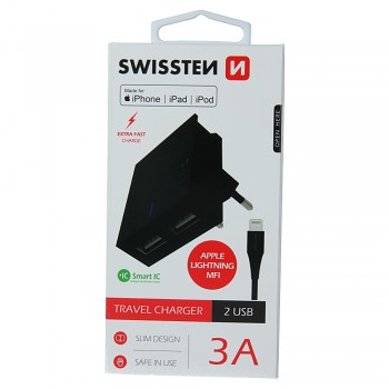 Swissten síťový adaptér smart ic 2x usb 3a power + datový kabel usb / lightning mfi 1,2 m černý