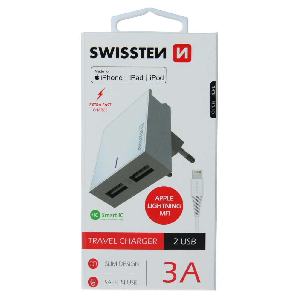 Levně Swissten síťový adaptér smart ic 2x usb 3a power + datový kabel usb / lightning mfi 1,2 m bílý