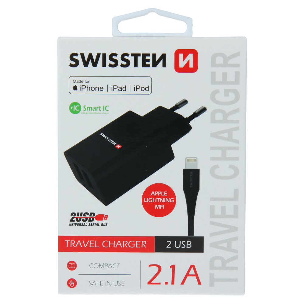 Levně Swissten síťový adaptér smart ic 2x usb 2,1a power + datový kabel usb / lightning mfi 1,2 m černý