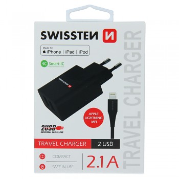 Swissten síťový adaptér smart ic 2x usb 2,1a power + datový kabel usb / lightning mfi 1,2 m černý