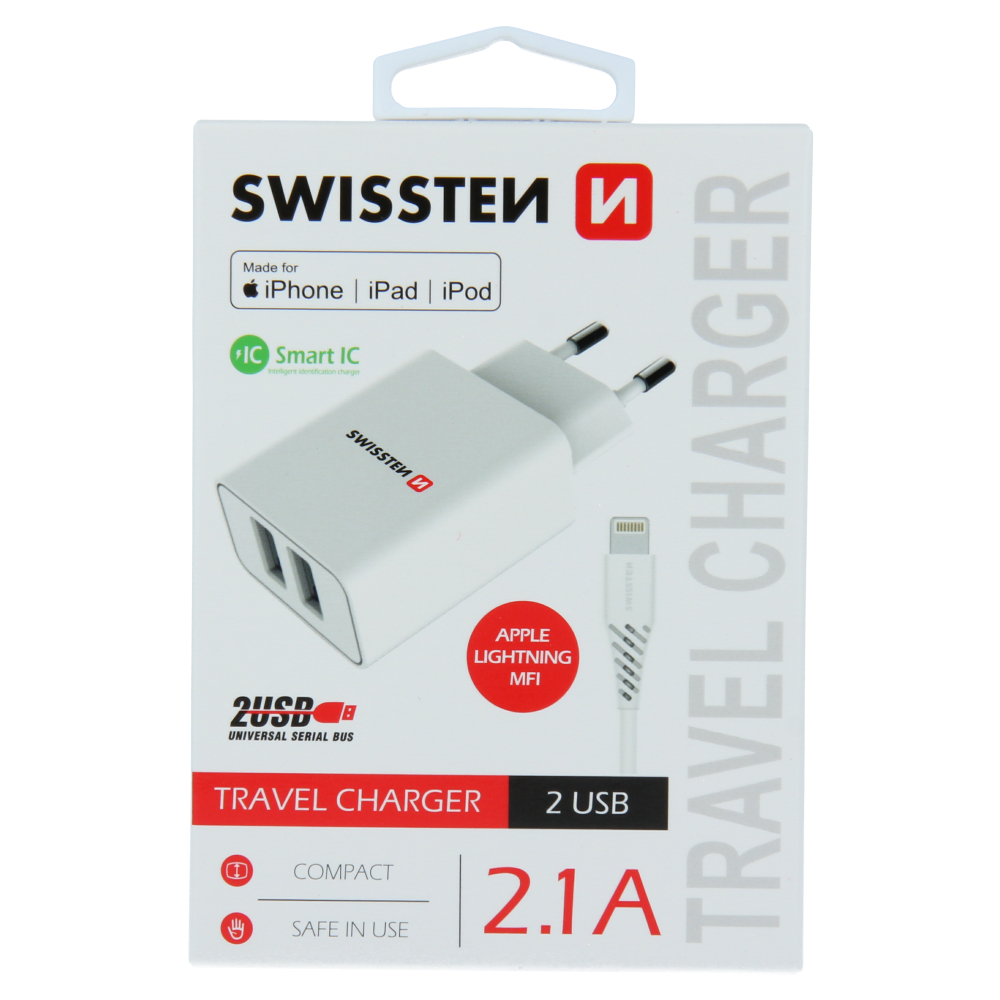 Levně Swissten síťový adaptér smart ic 2x usb 2,1a power + datový kabel usb / lightning mfi 1,2 m bílý