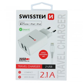 Swissten síťový adaptér smart ic 2x usb 2,1a power + datový kabel usb / lightning mfi 1,2 m bílý