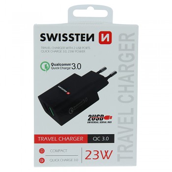 Swissten síťový adaptér 2x usb qc 3.0 + usb, 23w černý