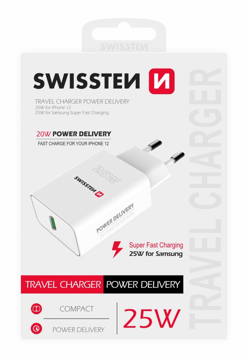 Swissten síťový adaptér pd 25w pro iphone a samsung bílý