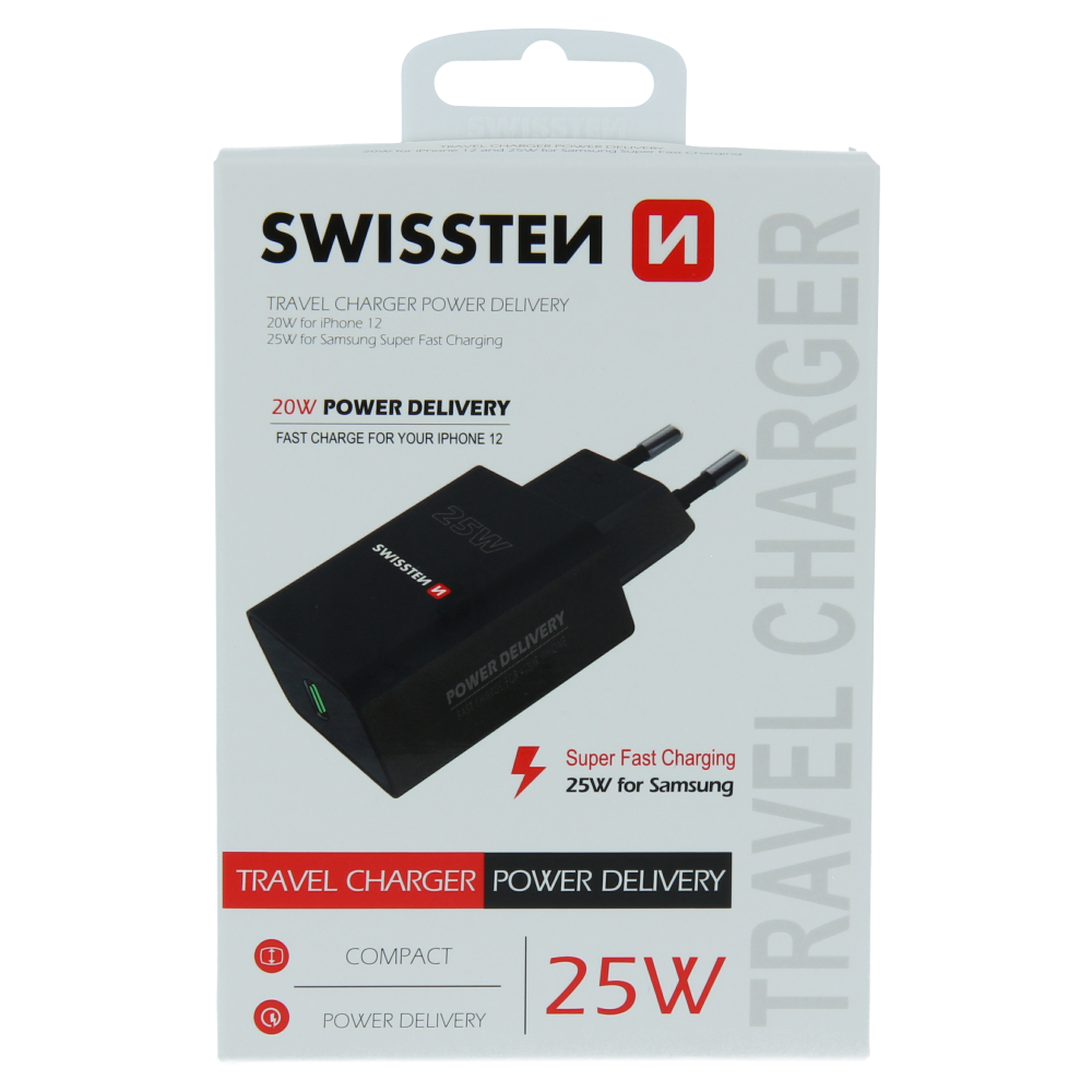 Swissten síťový adaptér pd 25w pro iphone a samsung černý