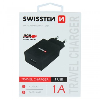 Swissten síťový adaptér smart ic 1x usb 1a power černý