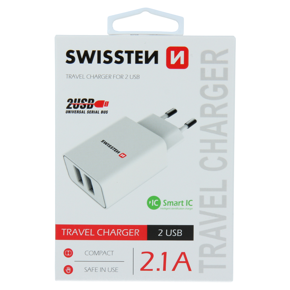 Levně Swissten síťový adaptér smart ic 2x usb 2,1a power bílý