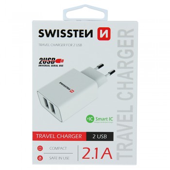 Swissten síťový adaptér smart ic 2x usb 2,1a power bílý